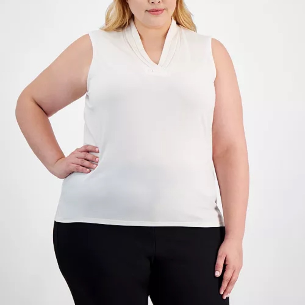 Anne Klein Plus size V-Neck Triple Pleat Top Anne white 2X